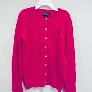 Girls Large (12/14) Ralph Lauren fuchsia pink cable knit button down sweater